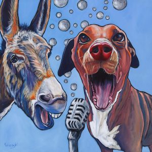 Dog and donkey singing into microphone