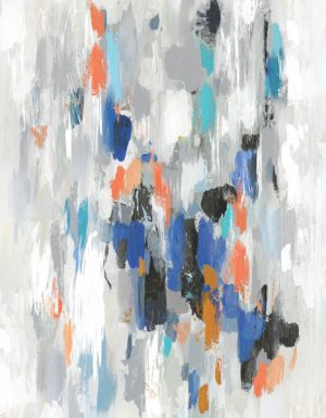 Abstract painting; grays, blues, oranges
